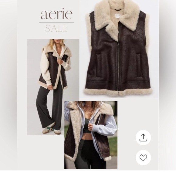 Offline By Aerie Faux Leather Sherpa Vest Brown Pockets Zip Close Nwt Xl